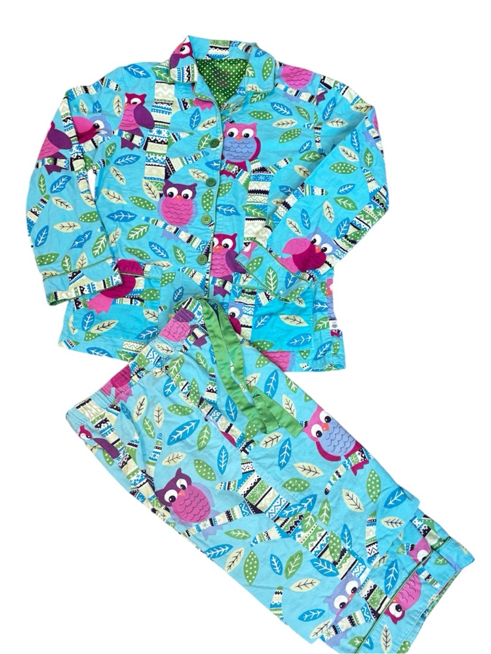 Nick & Nora Owl Print Pajama Set Small Blue Cotton Sleepwear Button Front Cute